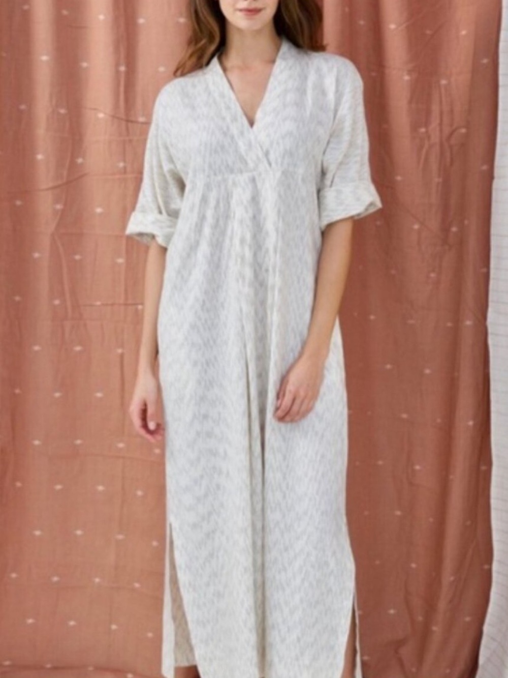 MIRTH Small/Medium Zermatt Ivory Printed Short Sleeve Caftan Midi Dress